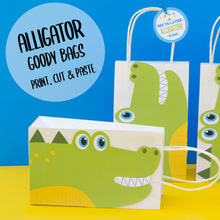 Load image into Gallery viewer, Chomp! Chomp! There&#39;s a party in the swamp! Use this template to decorate the favor bags for your Alligator birthday party. This PDF file also includes editable tags, to add the names of your guests or your child&#39;s name.