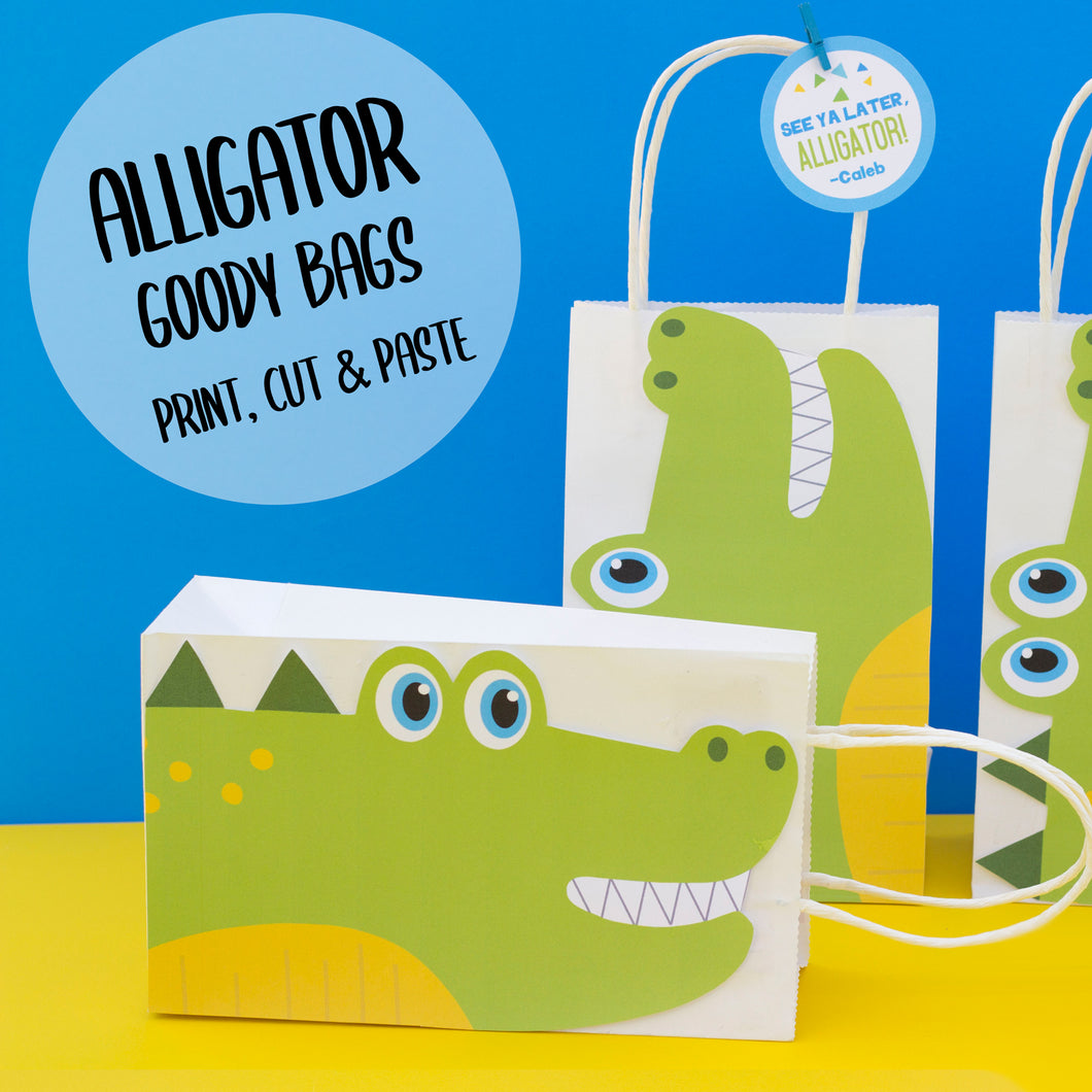 Chomp! Chomp! There's a party in the swamp! Use this template to decorate the favor bags for your Alligator birthday party. This PDF file also includes editable tags, to add the names of your guests or your child's name.